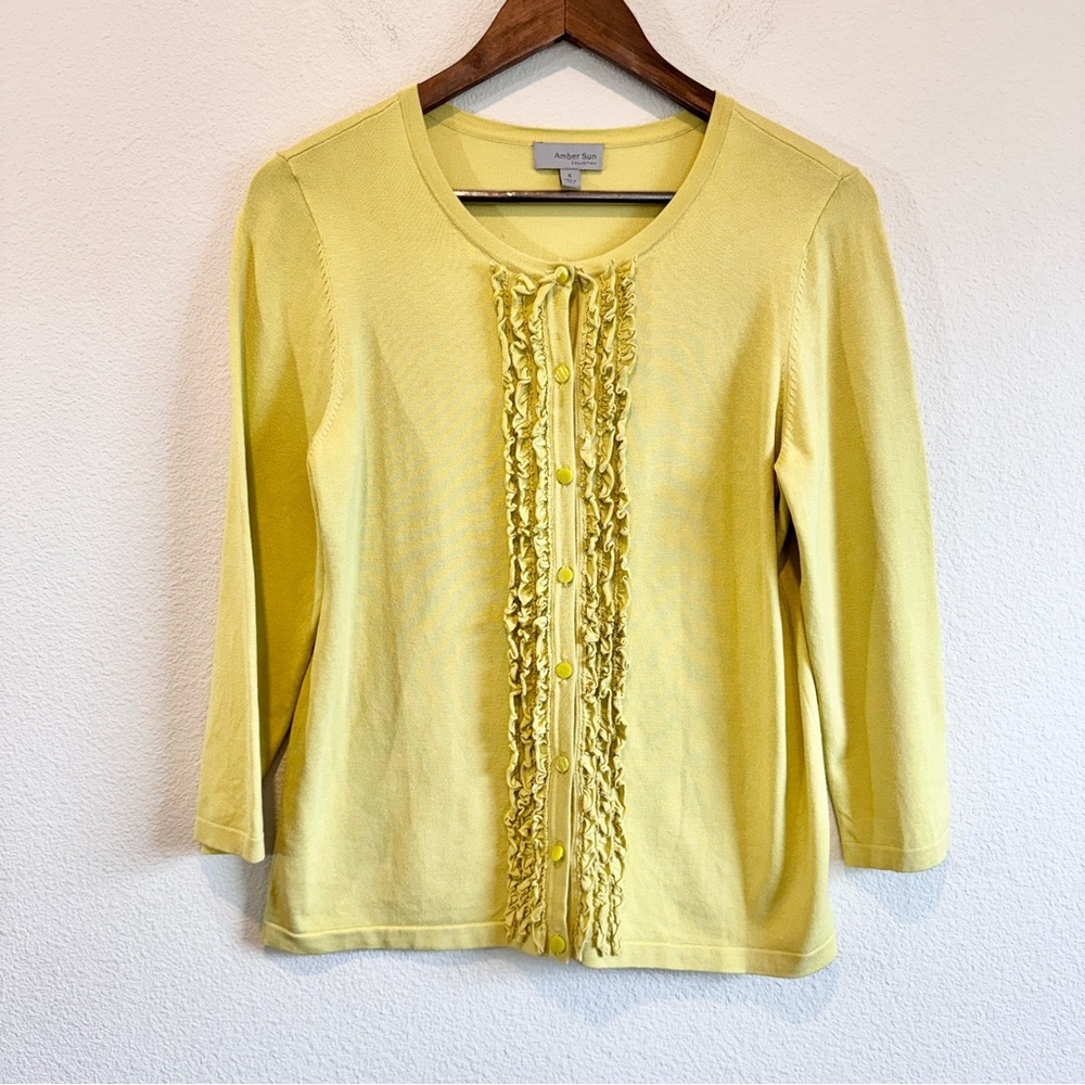 Coquette Balletcore Ruffle Cardigan Amber Sun Silk Blend Chartreuse Small A58 - Picture 2 of 10